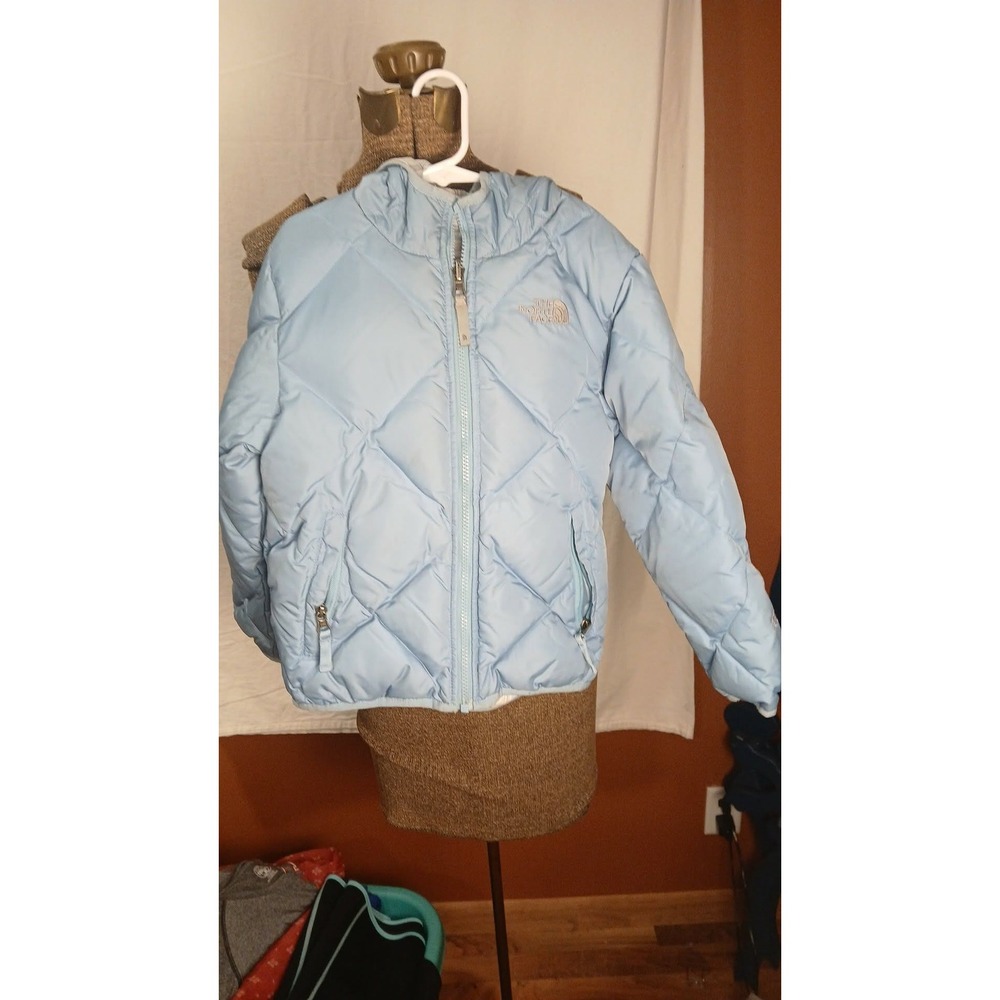 The North Face Kids 550 Down Puffer Jacket Light Blue Plaid Lined Hooded S/P